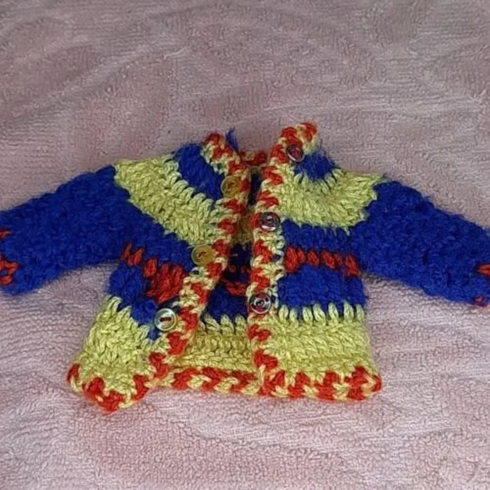 vtg Mommy-Made Handmade Barbie Fashion Doll Knit Sweater Cardigan Jacket Primary